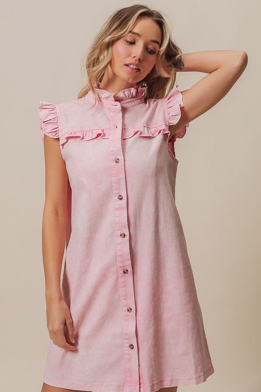BiBi Washed Button Down Ruffled Cap Sleeve Denim Dress - New Arrivals