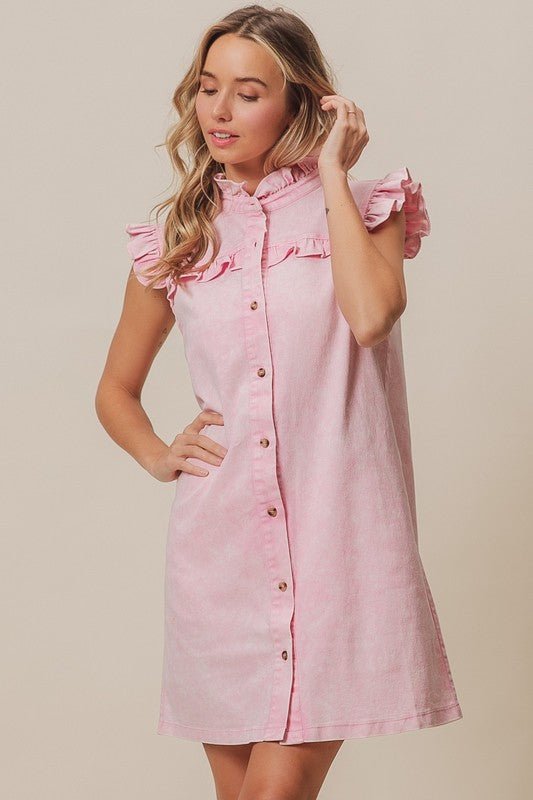 BiBi Washed Button Down Ruffled Cap Sleeve Denim Dress - New Arrivals