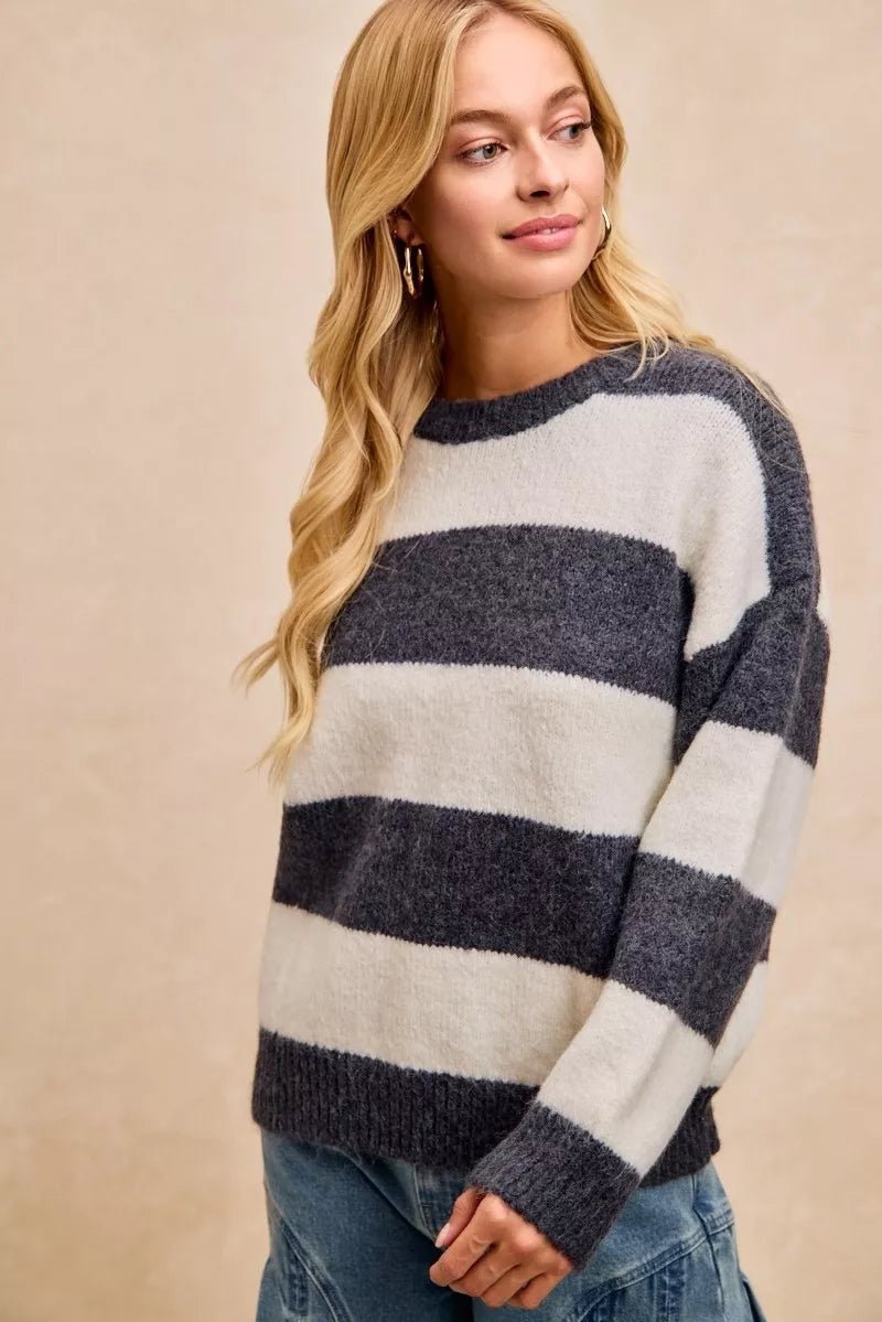 BiBi Wide Stripe Fuzzy Knit Round Neck Sweater - 