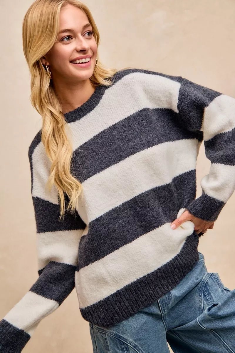 BiBi Wide Stripe Fuzzy Knit Round Neck Sweater - 