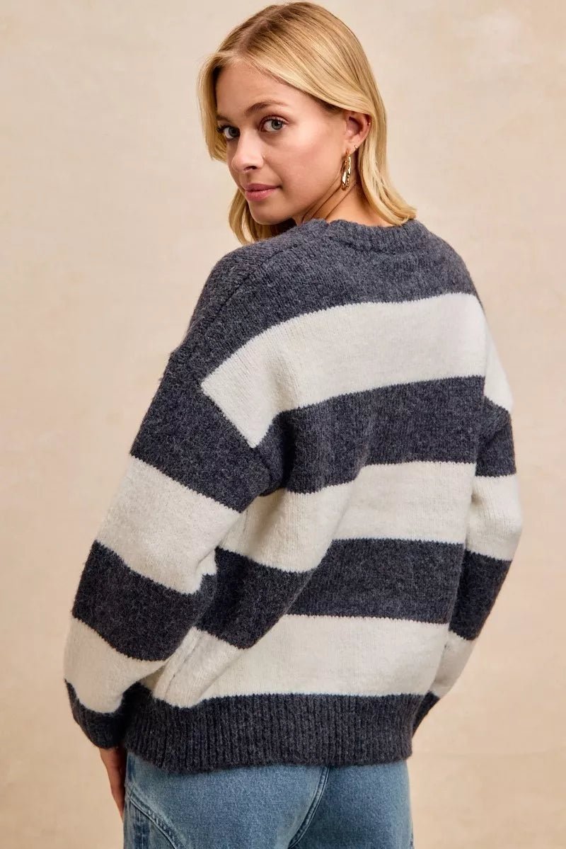 BiBi Wide Stripe Fuzzy Knit Round Neck Sweater - 