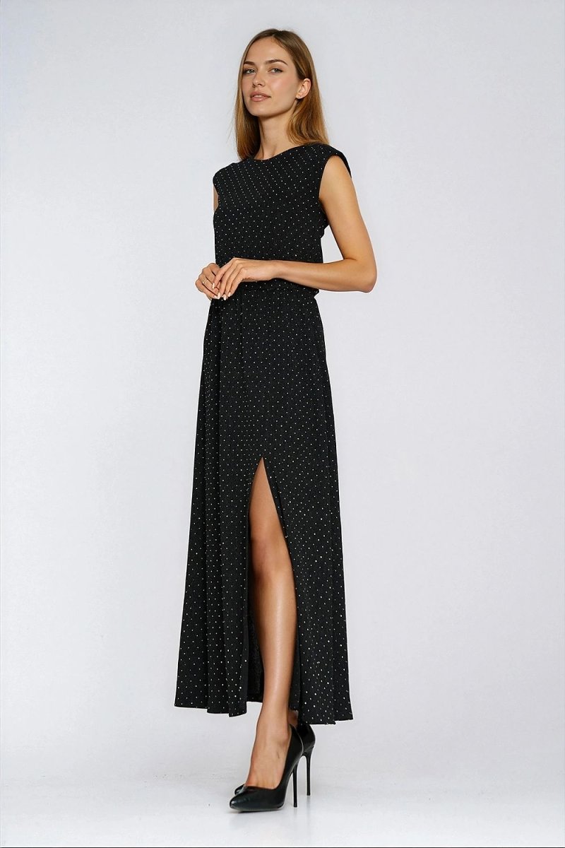 Black Beaded Maxi Evening Dress - 