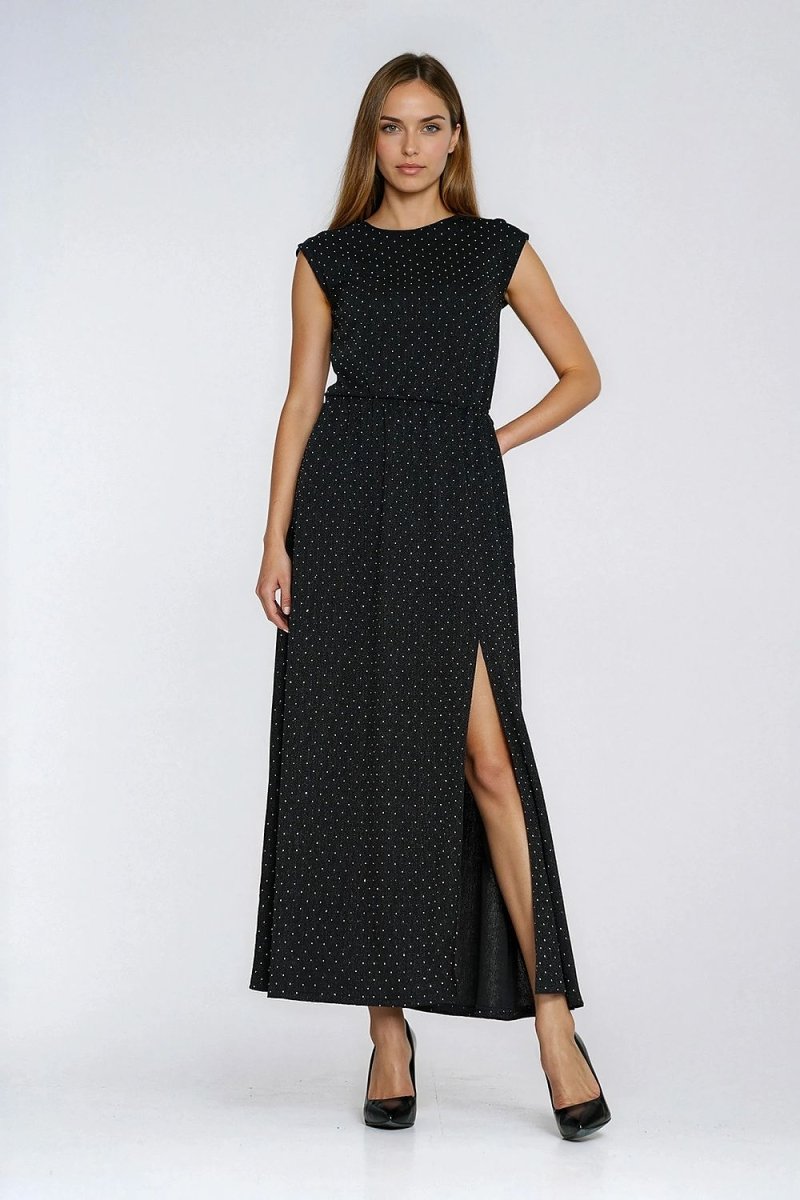 Black Beaded Maxi Evening Dress - 
