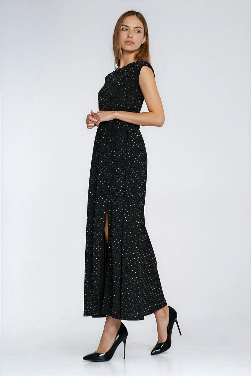 Black Beaded Maxi Evening Dress - 