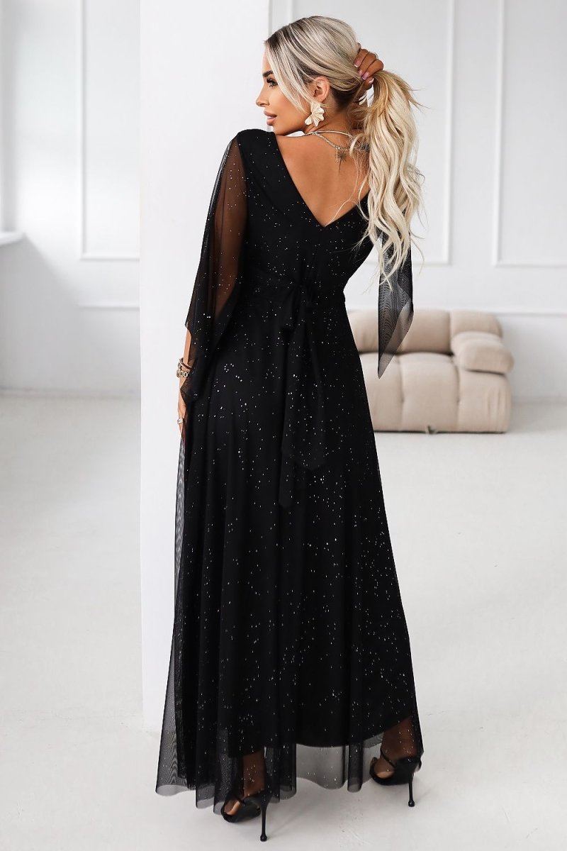 Black Brocade Dress with Tulle Kimono Sleeves - 