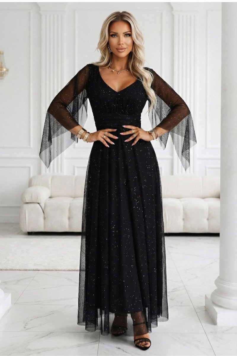 Black Brocade Dress with Tulle Kimono Sleeves - 