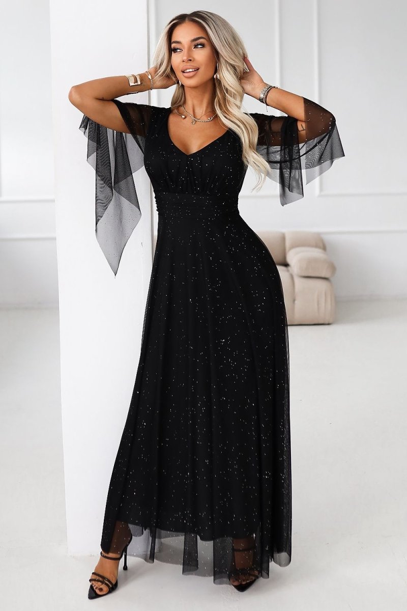 Black Brocade Dress with Tulle Kimono Sleeves - 