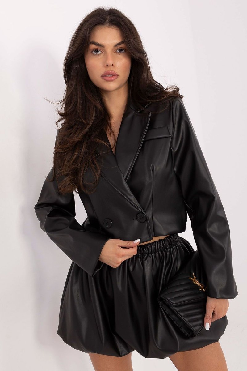 Black Faux Leather Mini Skirt with Shorts - 