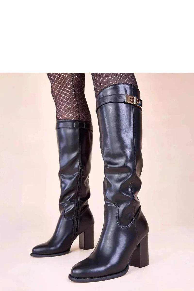 Black Heeled Boots with Gold Ornament - 