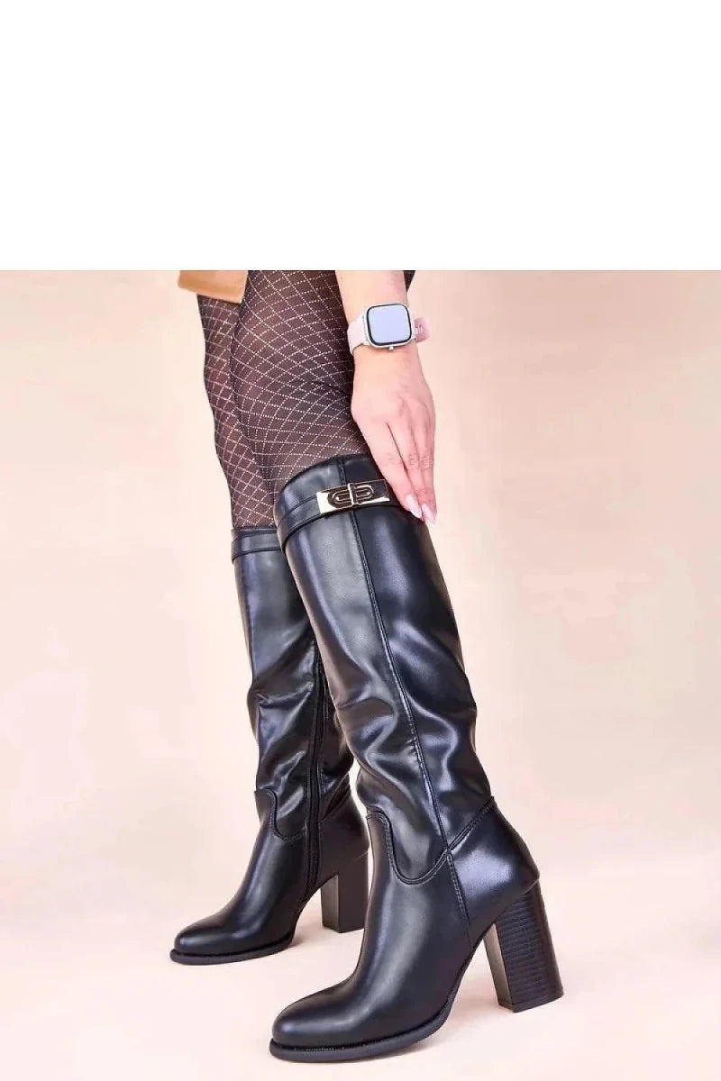 Black Heeled Boots with Gold Ornament - 