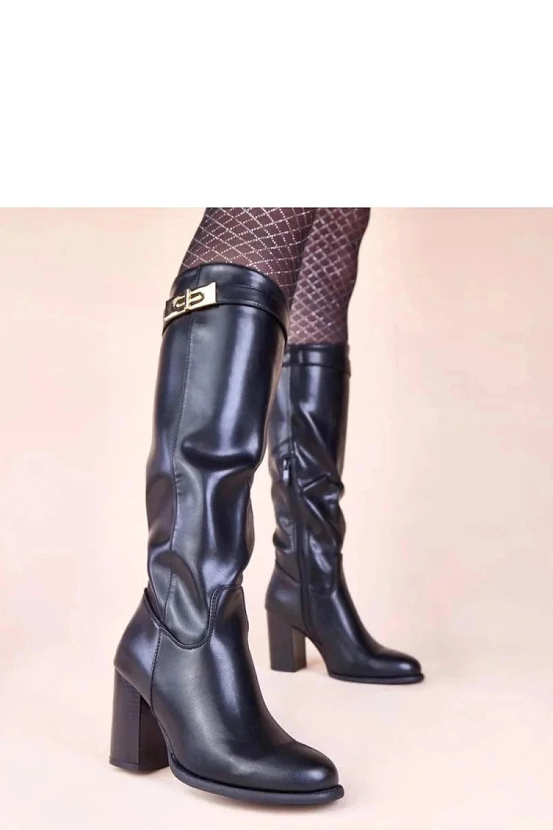 Black Heeled Boots with Gold Ornament - 