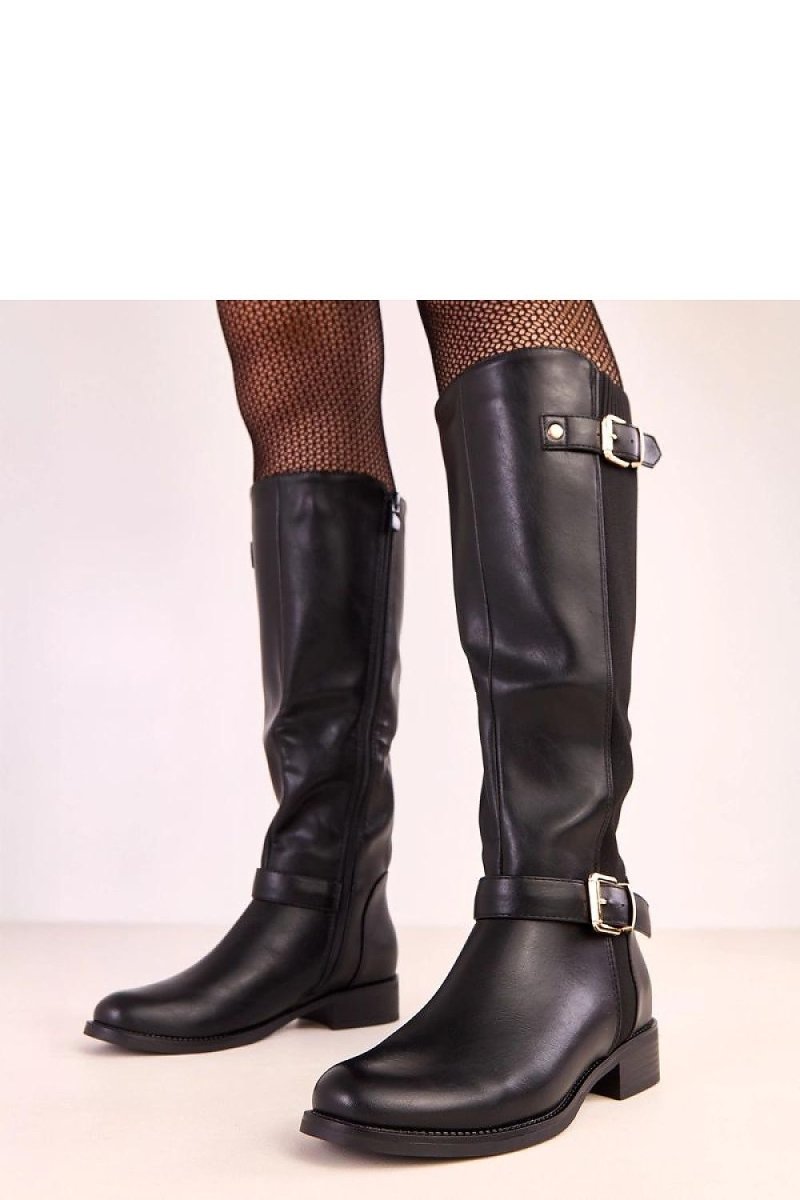 Black Knee - High Boots with Buckle Detail - 