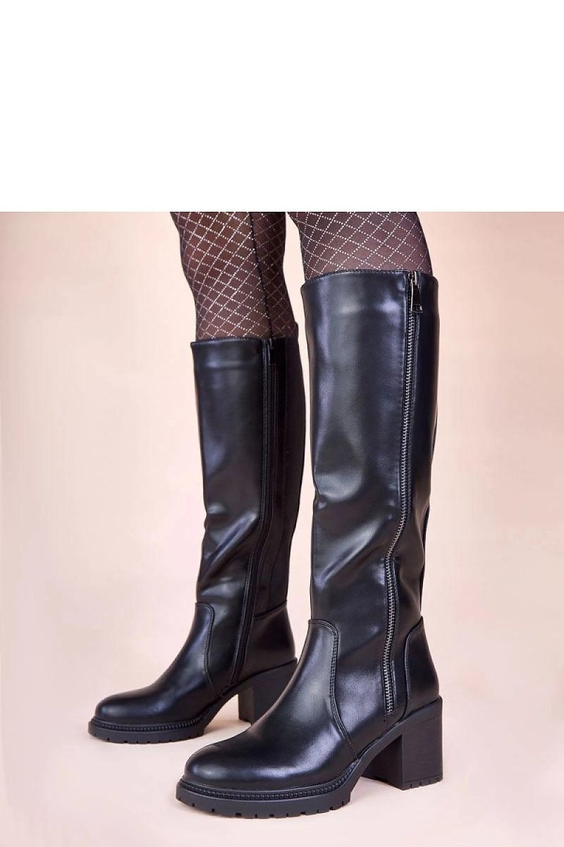Black Leather Heel Boots - 
