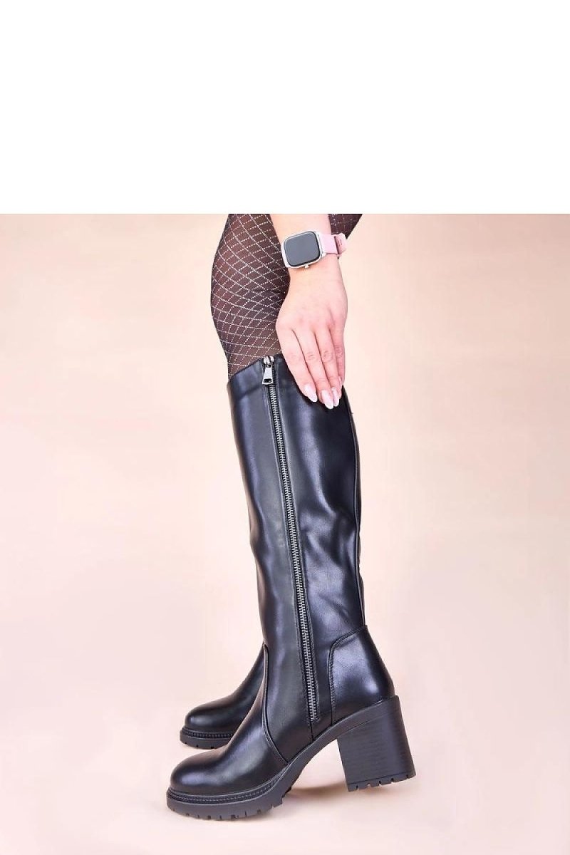 Black Leather Heel Boots - 