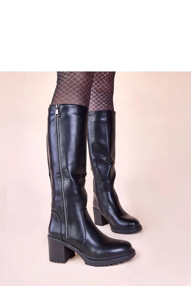 Black Leather Heel Boots - 
