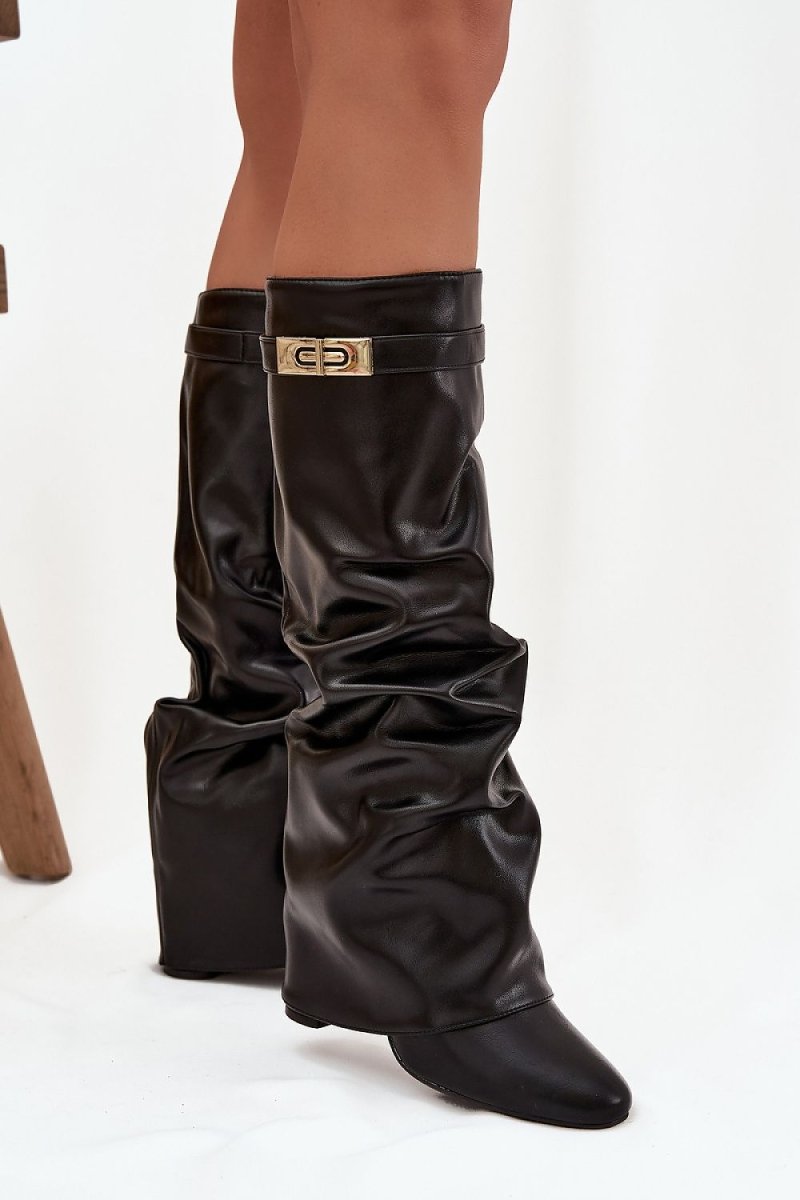Black Ruched Ankle Boots with Gold Detail - 