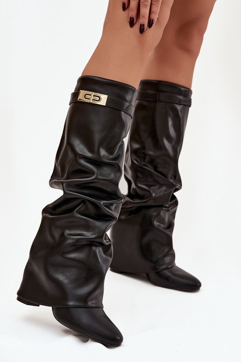 Black Ruched Ankle Boots with Gold Detail - 