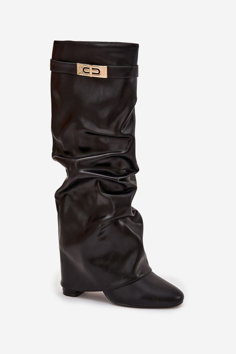Black Ruched Ankle Boots with Gold Detail - 