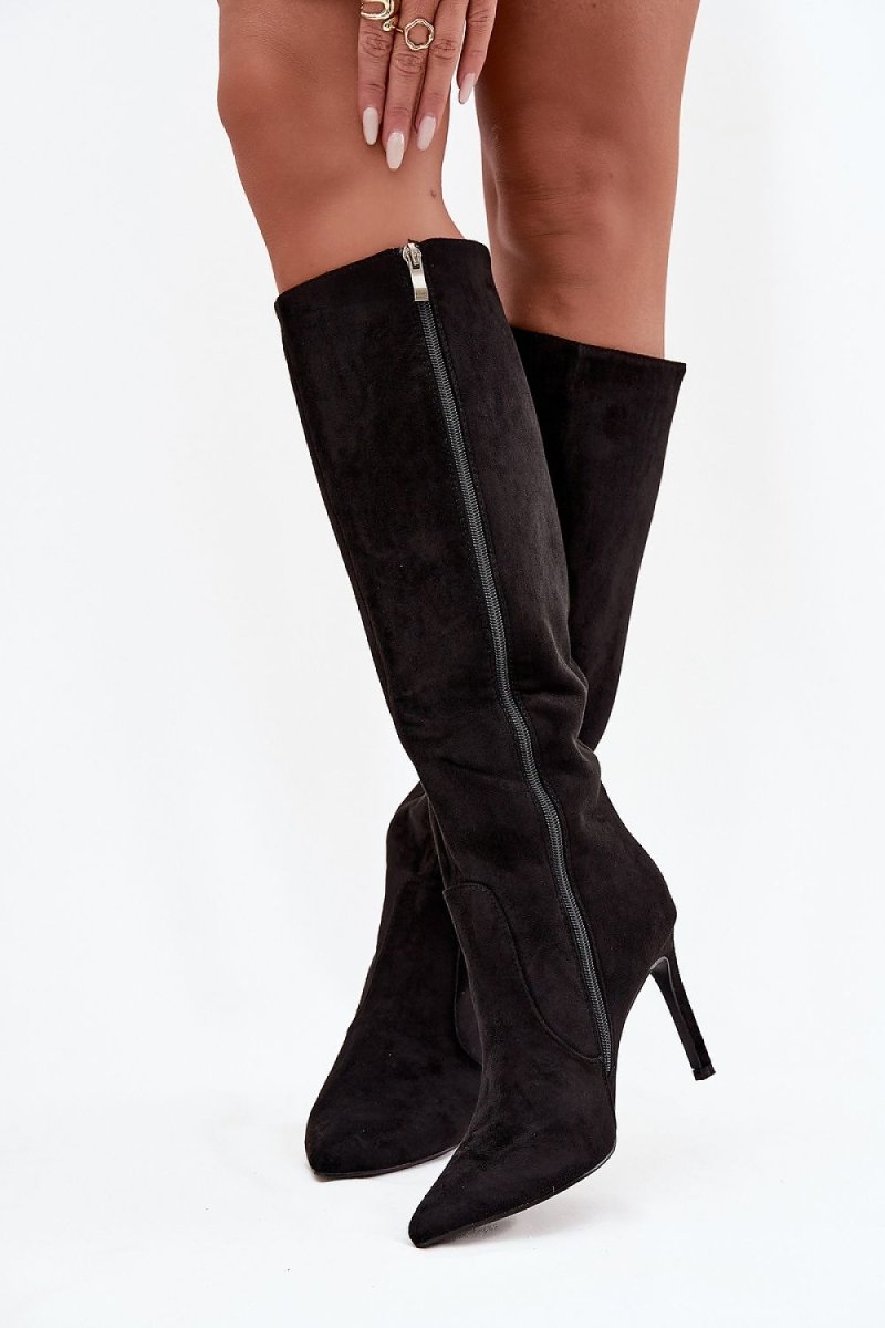 Black Suede Stiletto Heel Boots - 