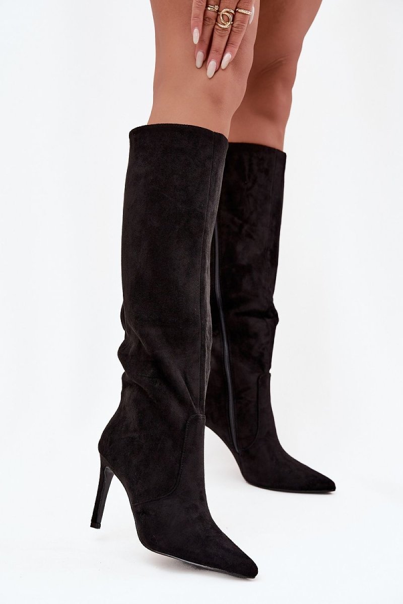 Black Suede Stiletto Heel Boots - 