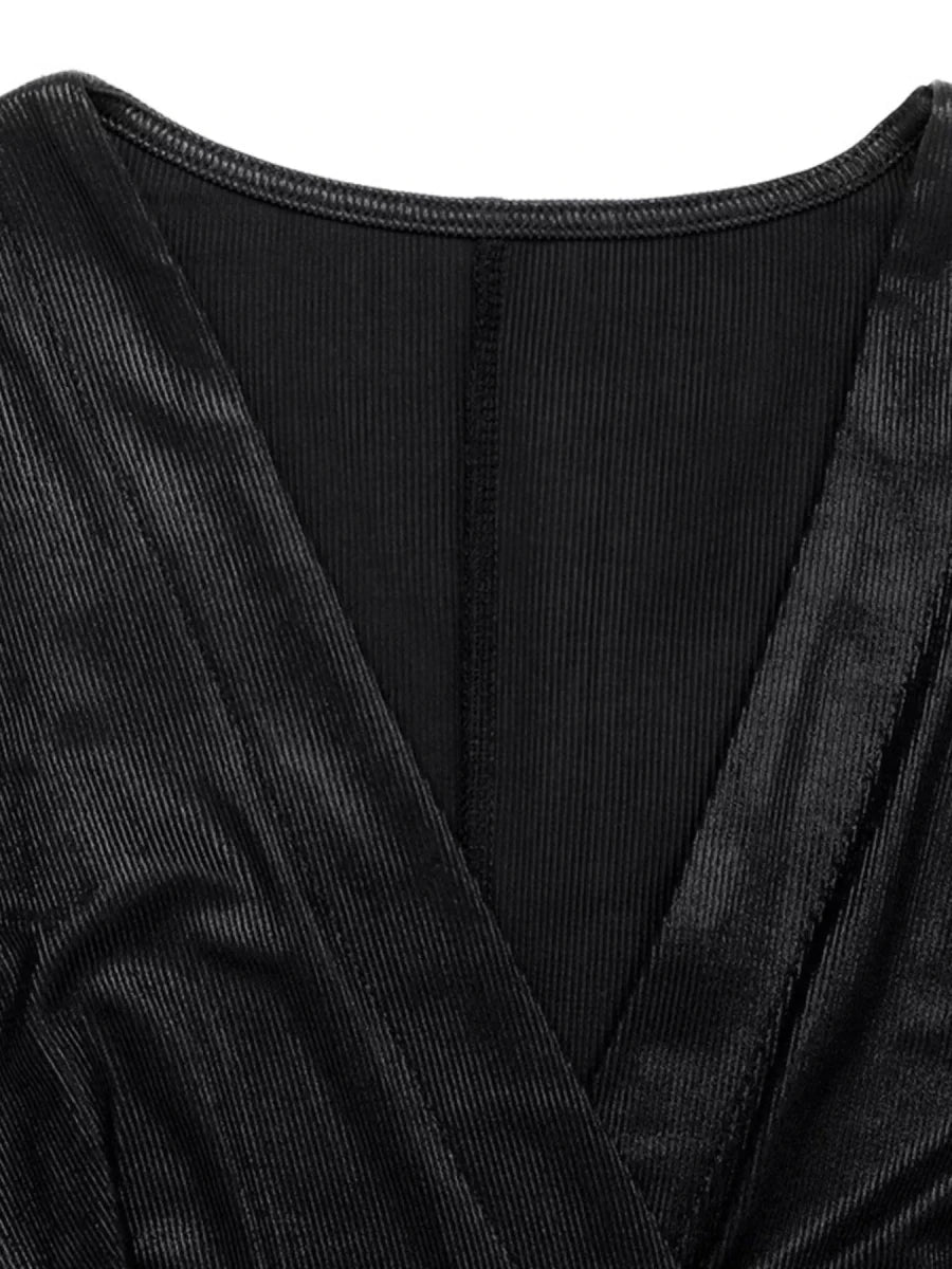 Black Surplice Long Sleeve Midi Dress - 