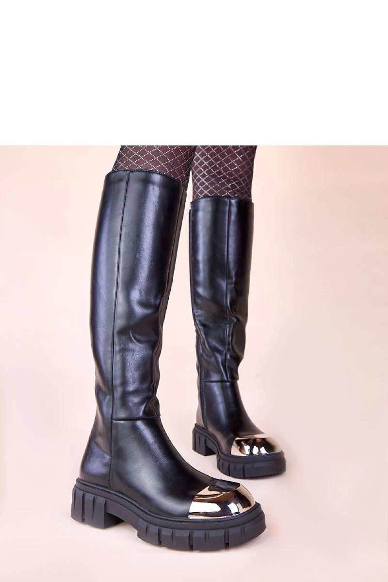 Black Thigh - High Boots with Gold Toe - 
