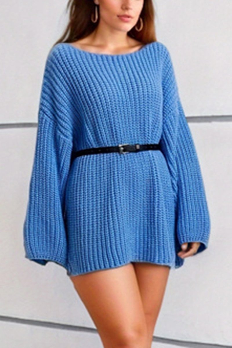 Boat Neck Dropped Shoulder Mini Sweater Dress - Sweater Dress