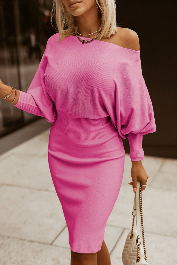 Boat Neck Lantern Sleeve Sweater Dress - Sweater Dress