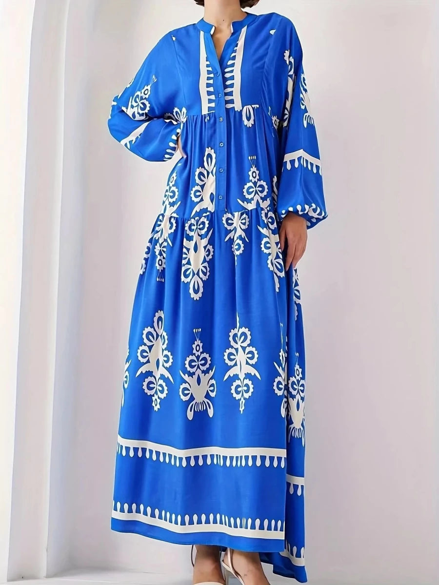 Bohemian Print Maxi Dress with Buttons - 