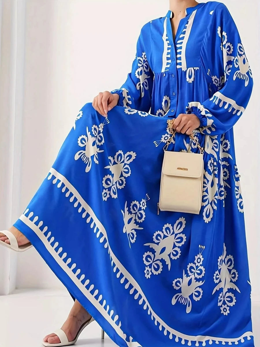 Bohemian Print Maxi Dress with Buttons - 