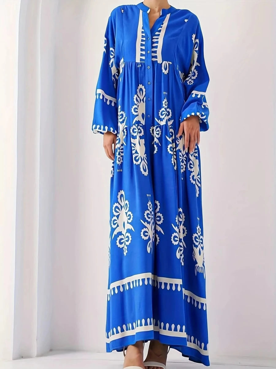 Bohemian Print Maxi Dress with Buttons - 