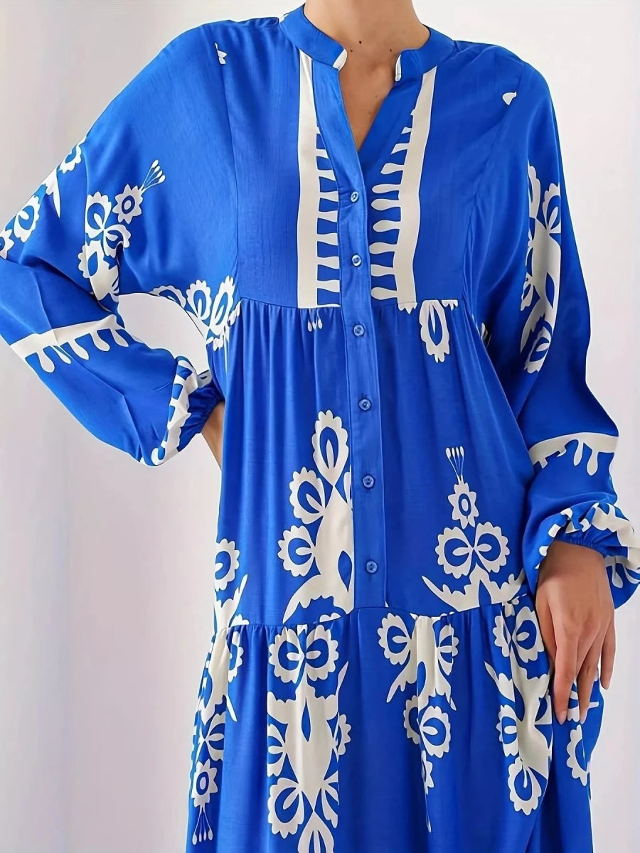 Bohemian Print Maxi Dress with Buttons - 