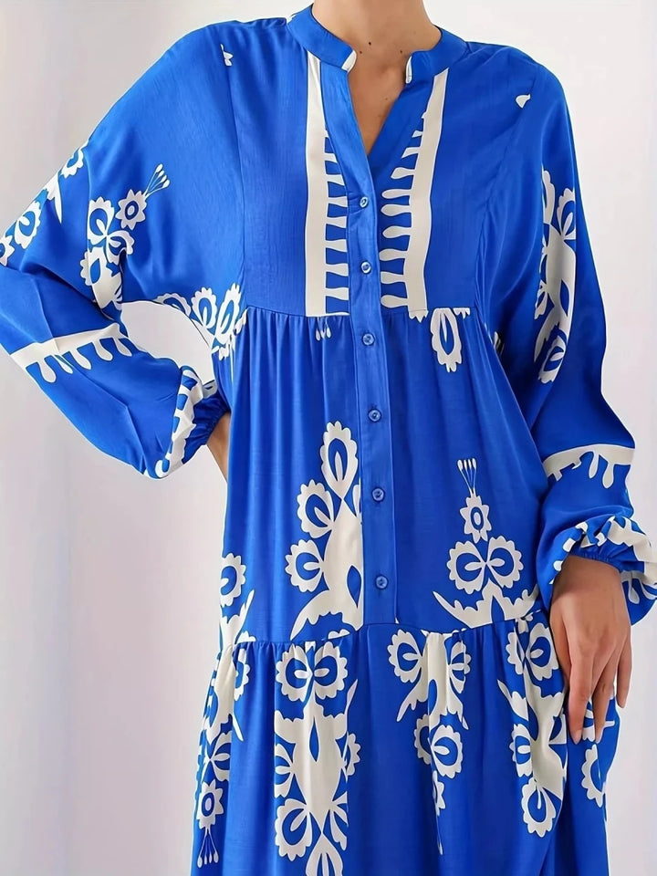 Bohemian Print Maxi Dress with Buttons - 