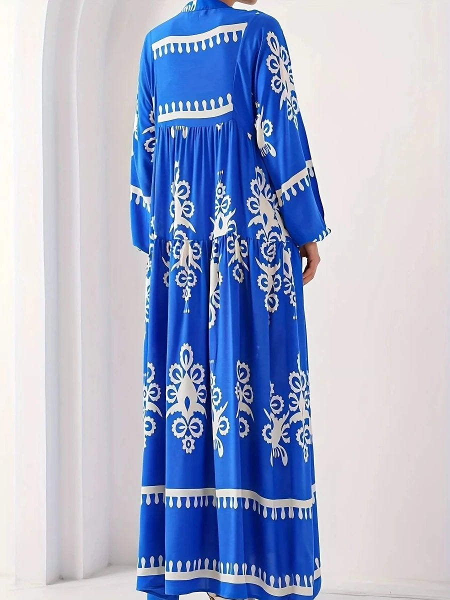 Bohemian Print Maxi Dress with Buttons - 