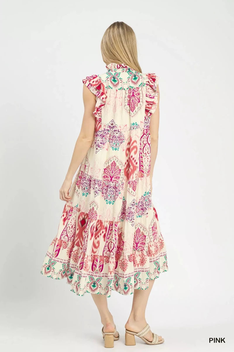 Boho Ruffle Midi Dress with Split Neckline - 