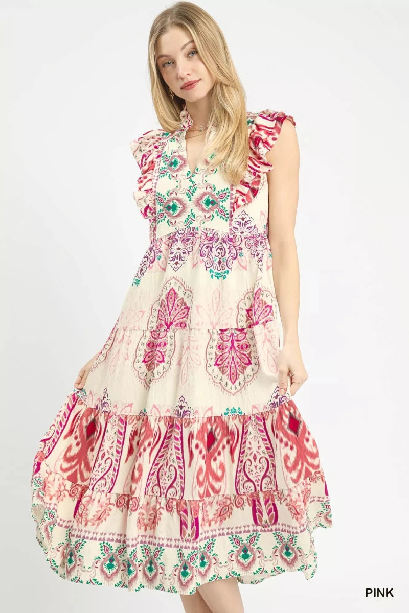 Boho Ruffle Midi Dress with Split Neckline - 