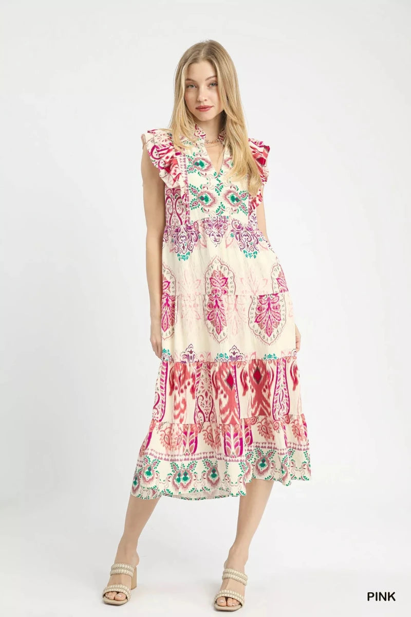 Boho Ruffle Midi Dress with Split Neckline - 