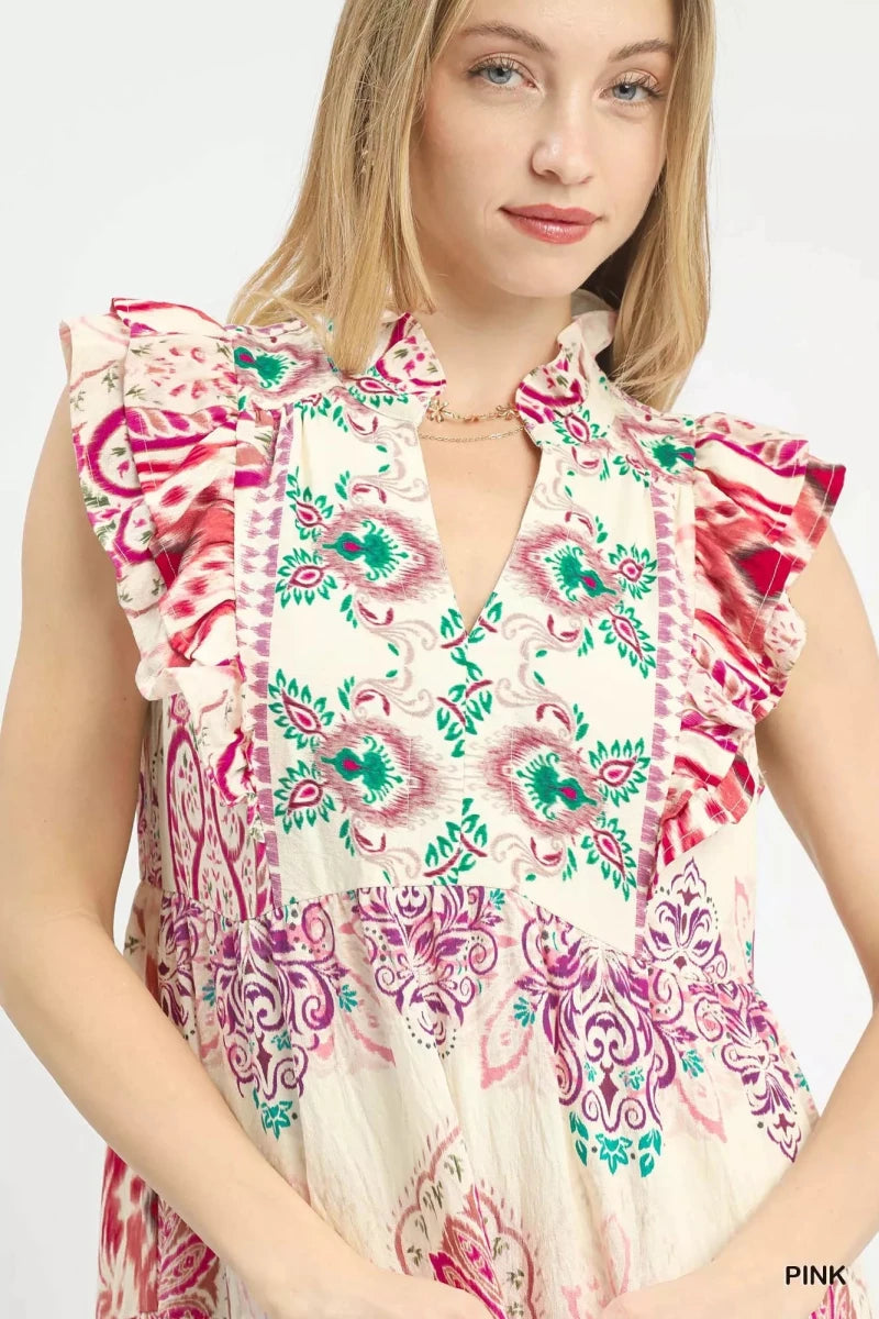 Boho Ruffle Midi Dress with Split Neckline - 