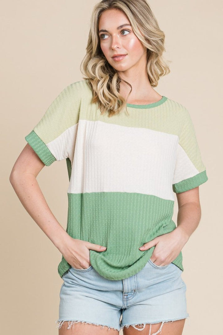 BOMBOM Color Block Short Sleeve T-Shirt - Top