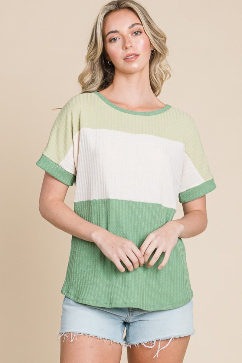 BOMBOM Color Block Short Sleeve T-Shirt - Top