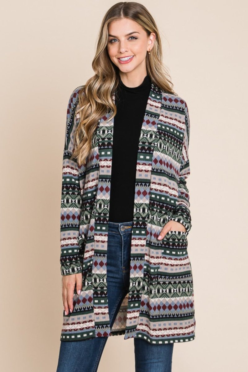BOMBOM Geometric Open Front Long Sleeve Cardigan with Pockets - Outerwear