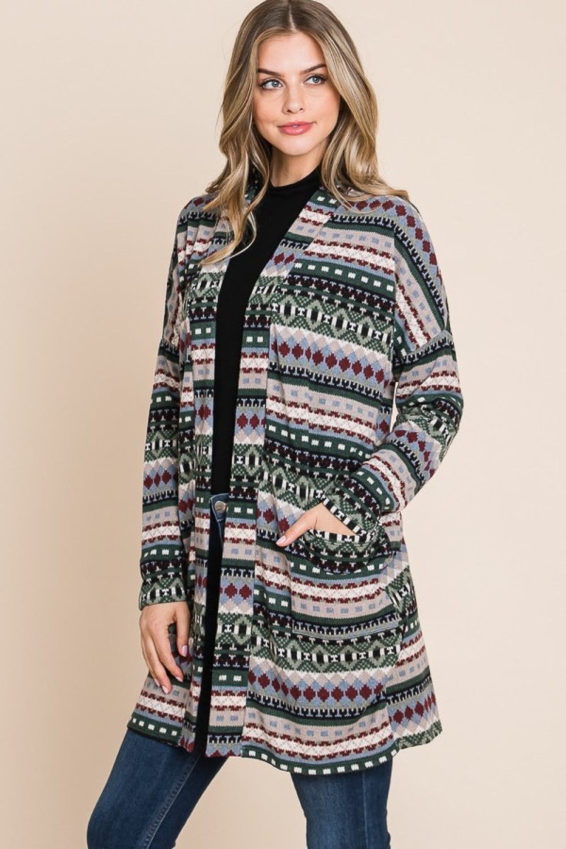 BOMBOM Geometric Open Front Long Sleeve Cardigan with Pockets - Outerwear