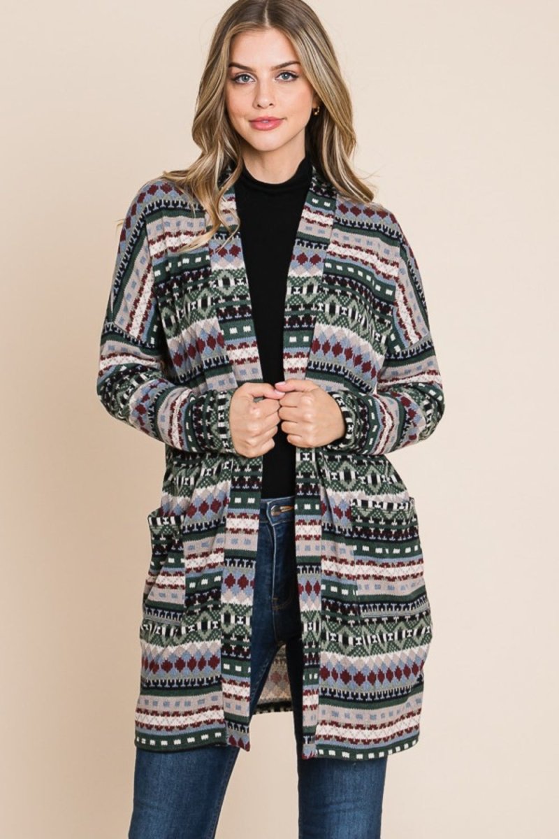 BOMBOM Geometric Open Front Long Sleeve Cardigan with Pockets - Outerwear