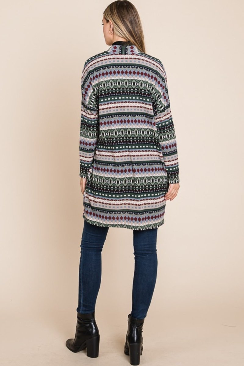 BOMBOM Geometric Open Front Long Sleeve Cardigan with Pockets - Outerwear