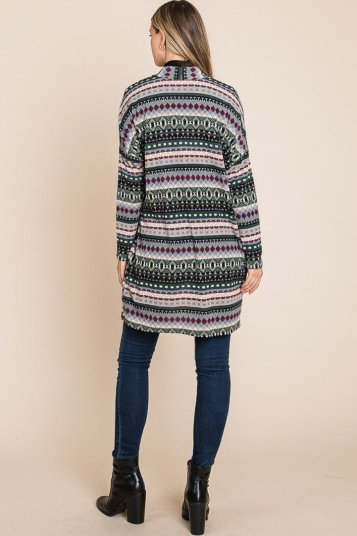 BOMBOM Geometric Open Front Long Sleeve Cardigan with Pockets - Outerwear
