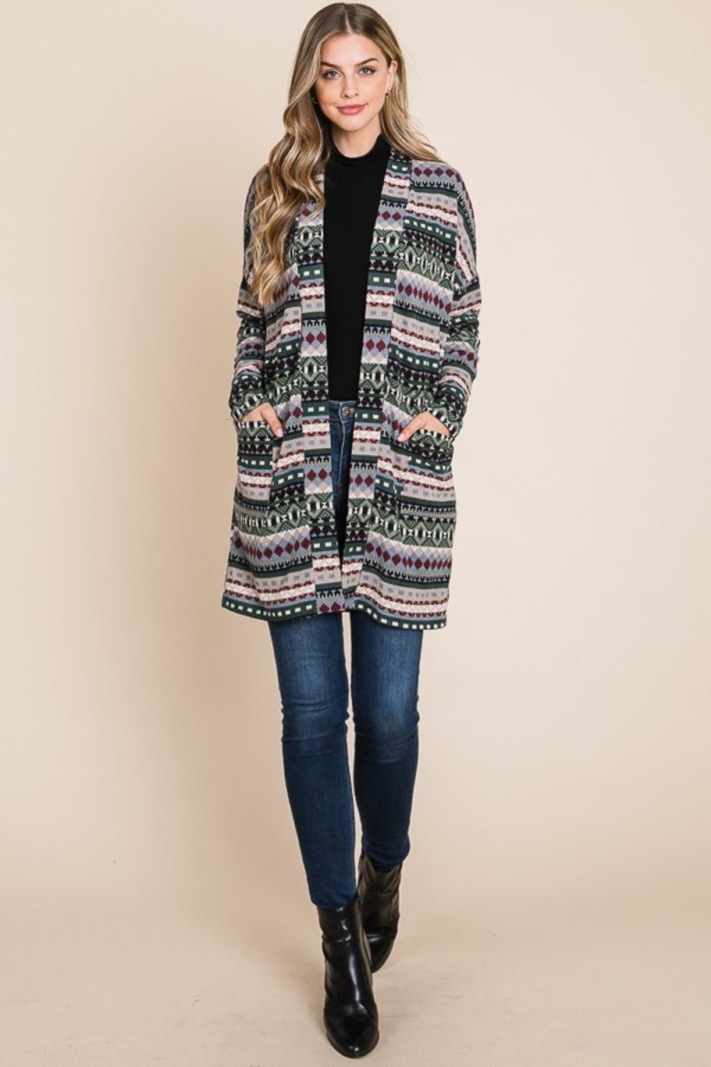 BOMBOM Geometric Open Front Long Sleeve Cardigan with Pockets - Outerwear