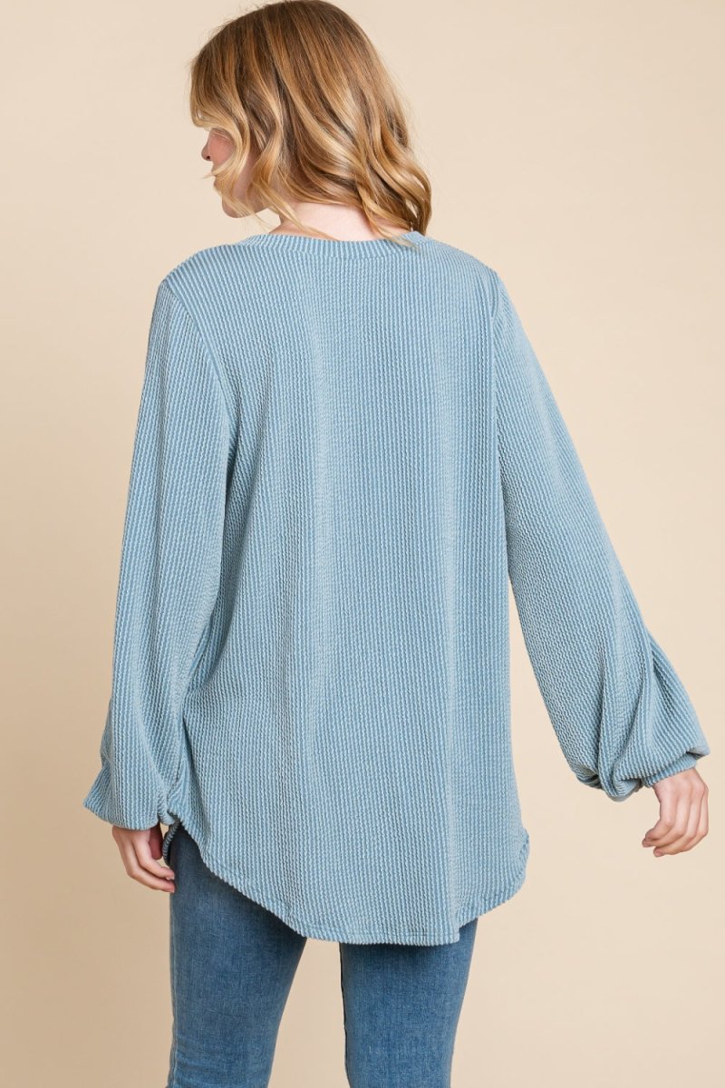 BOMBOM Long Sleeve Curved Hem Ribbed T-Shirt - Top