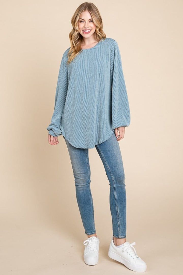 BOMBOM Long Sleeve Curved Hem Ribbed T-Shirt - Top