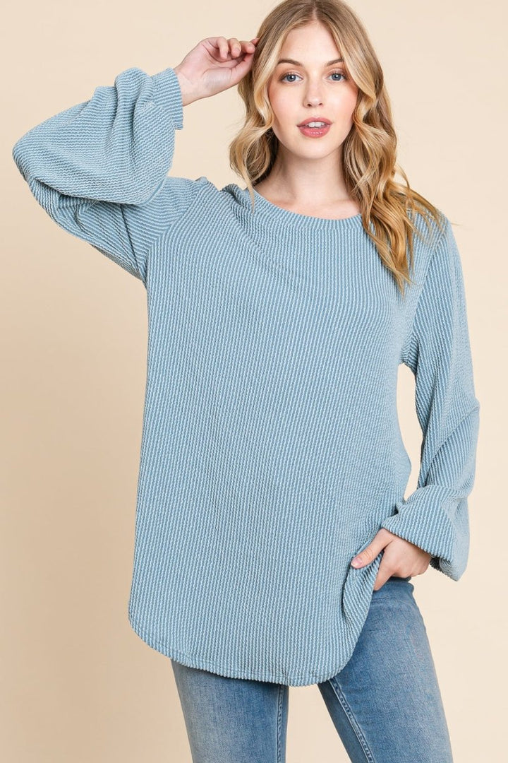 BOMBOM Long Sleeve Curved Hem Ribbed T-Shirt - Top