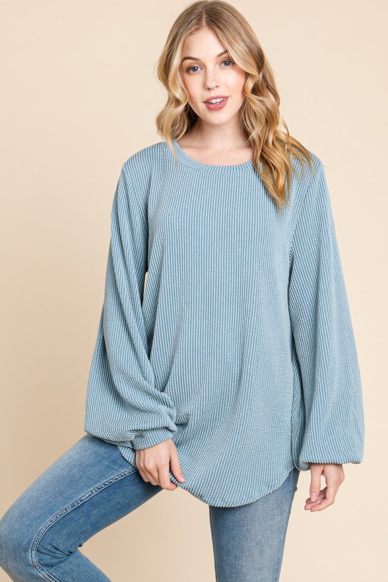 BOMBOM Long Sleeve Curved Hem Ribbed T-Shirt - Top